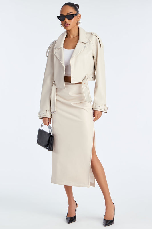 By The Corner Faux Leather Midi Skirt - Stone
