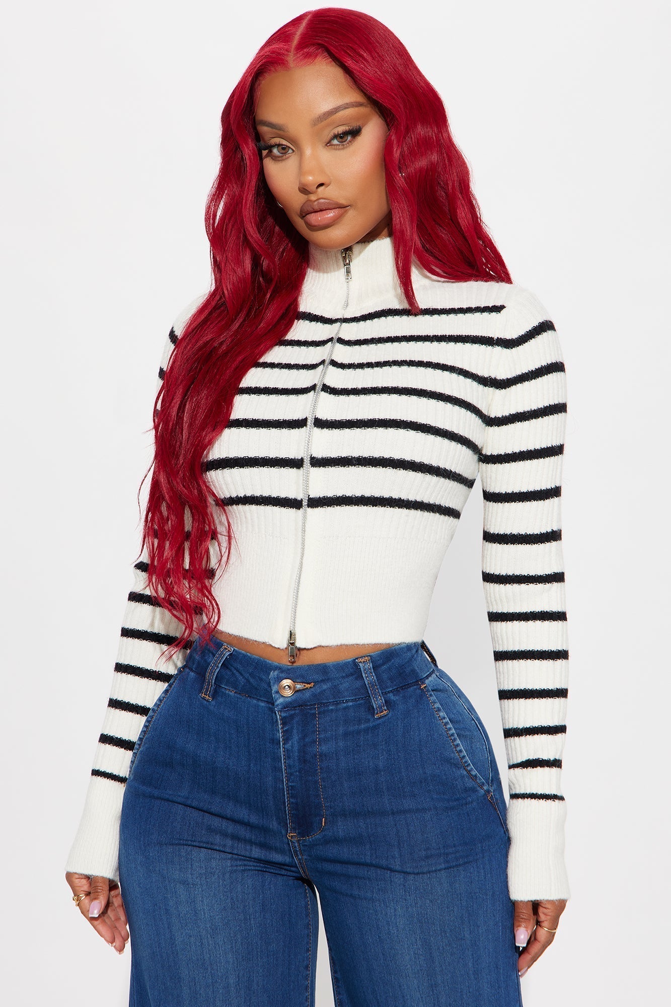 Holly Striped Front Zip Sweater - Ivory/combo