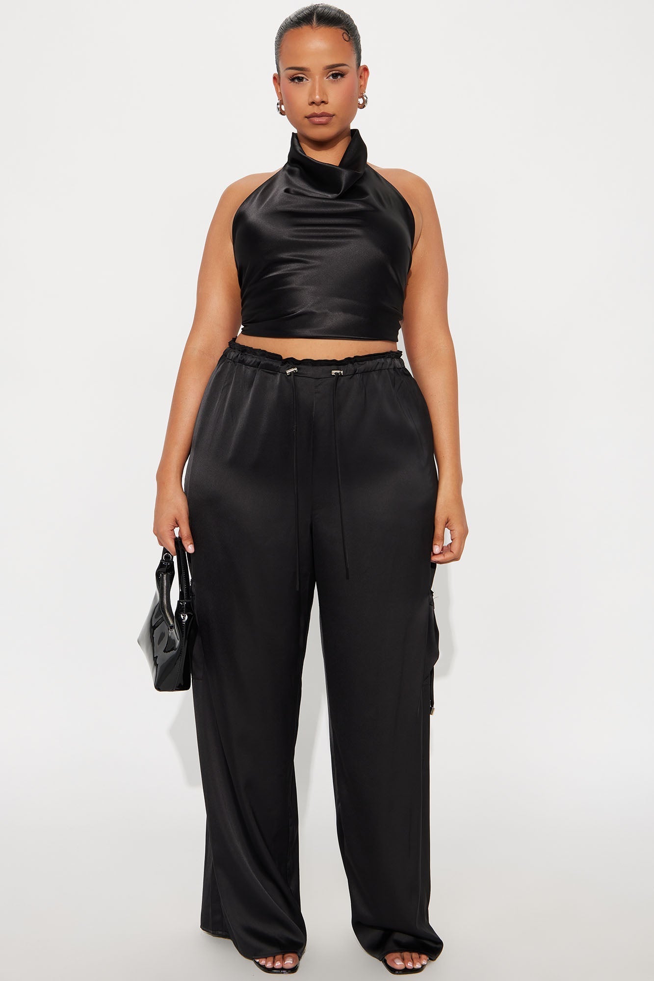 Brielle Satin Wide Leg Cargo Pant 33″ - Black