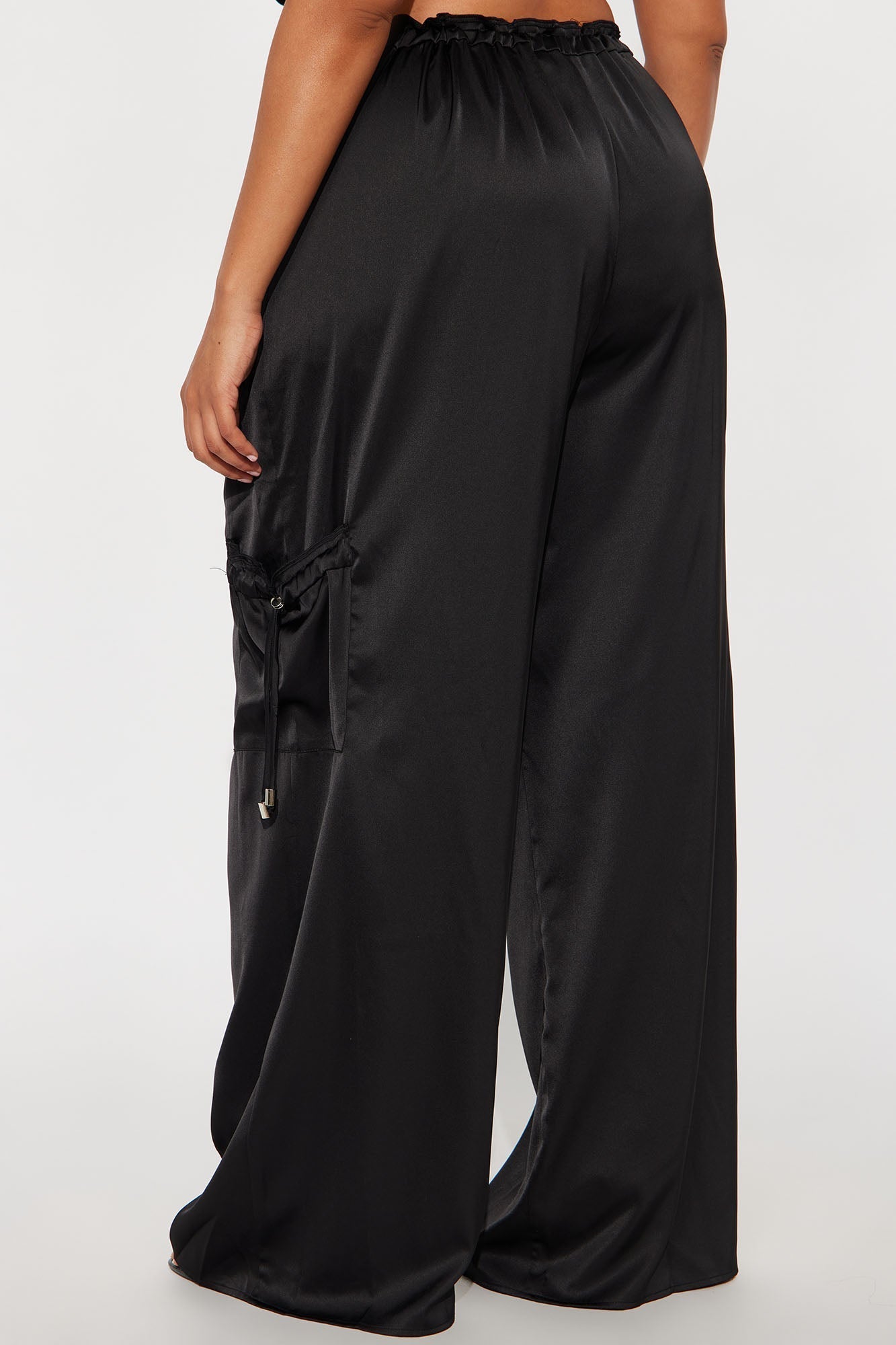 Brielle Satin Wide Leg Cargo Pant 33″ - Black