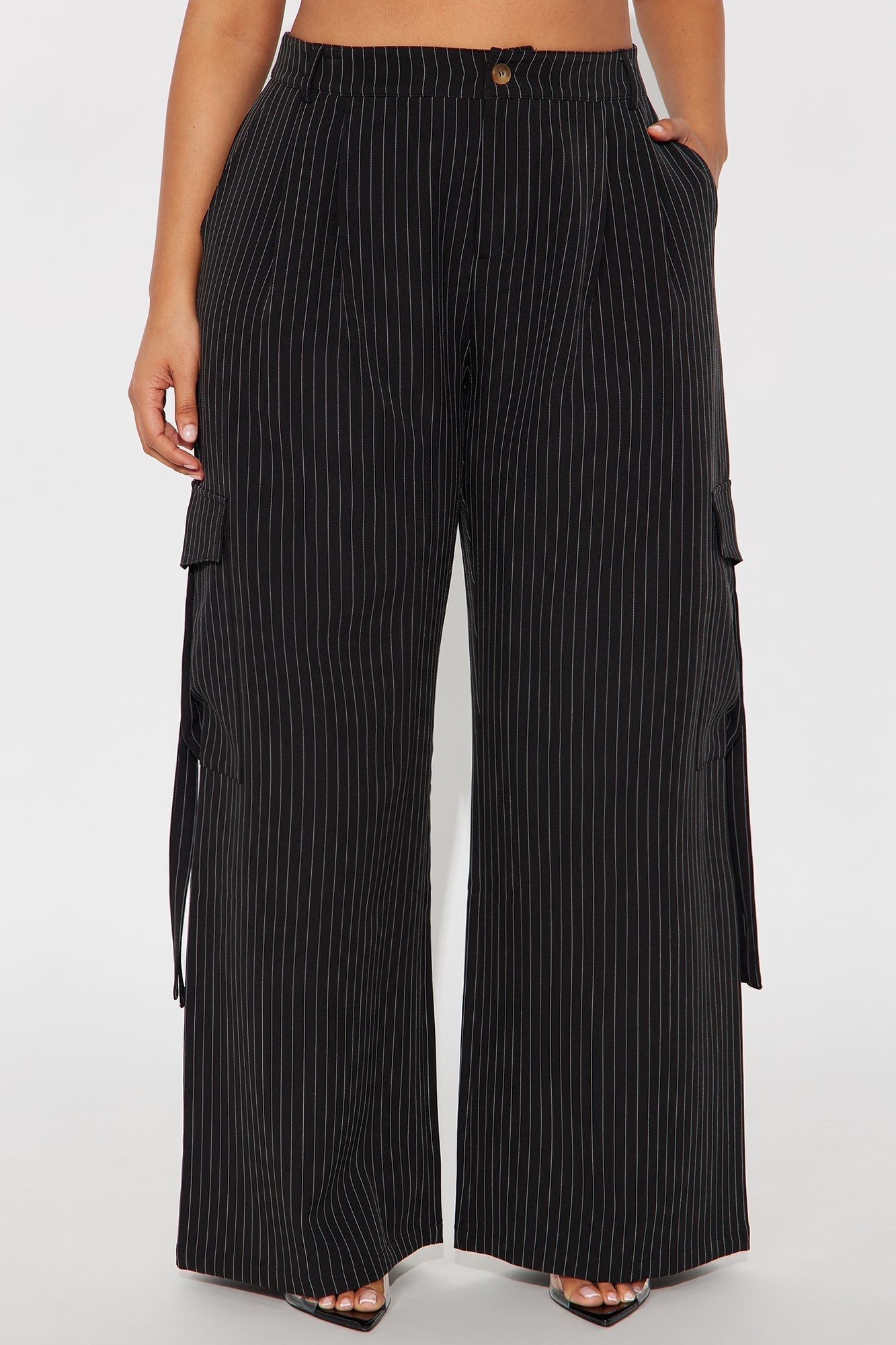 Atiya Pinstripe Wide Leg Cargo Pant 32″ - Black/White