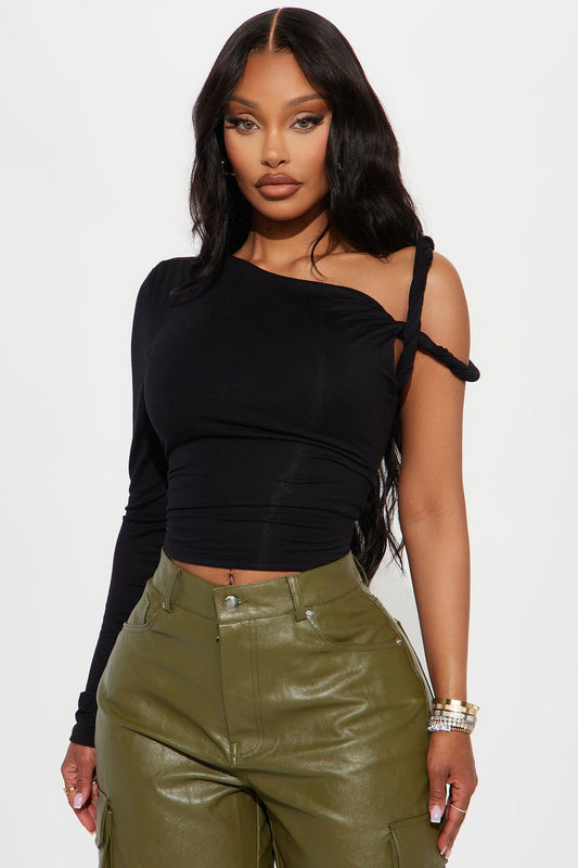 Kendra One Shoulder Long Sleeve Top - Black