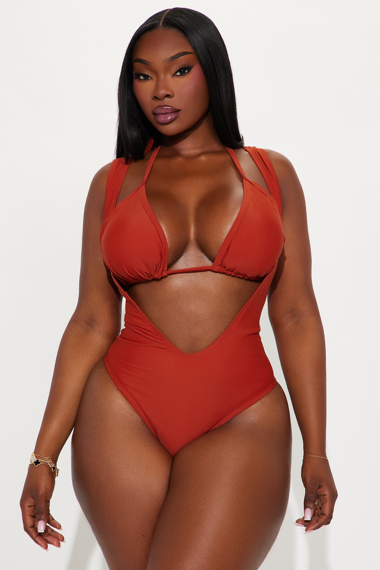 Leia Layered Triangle 1 Piece Swimsuit - Rust