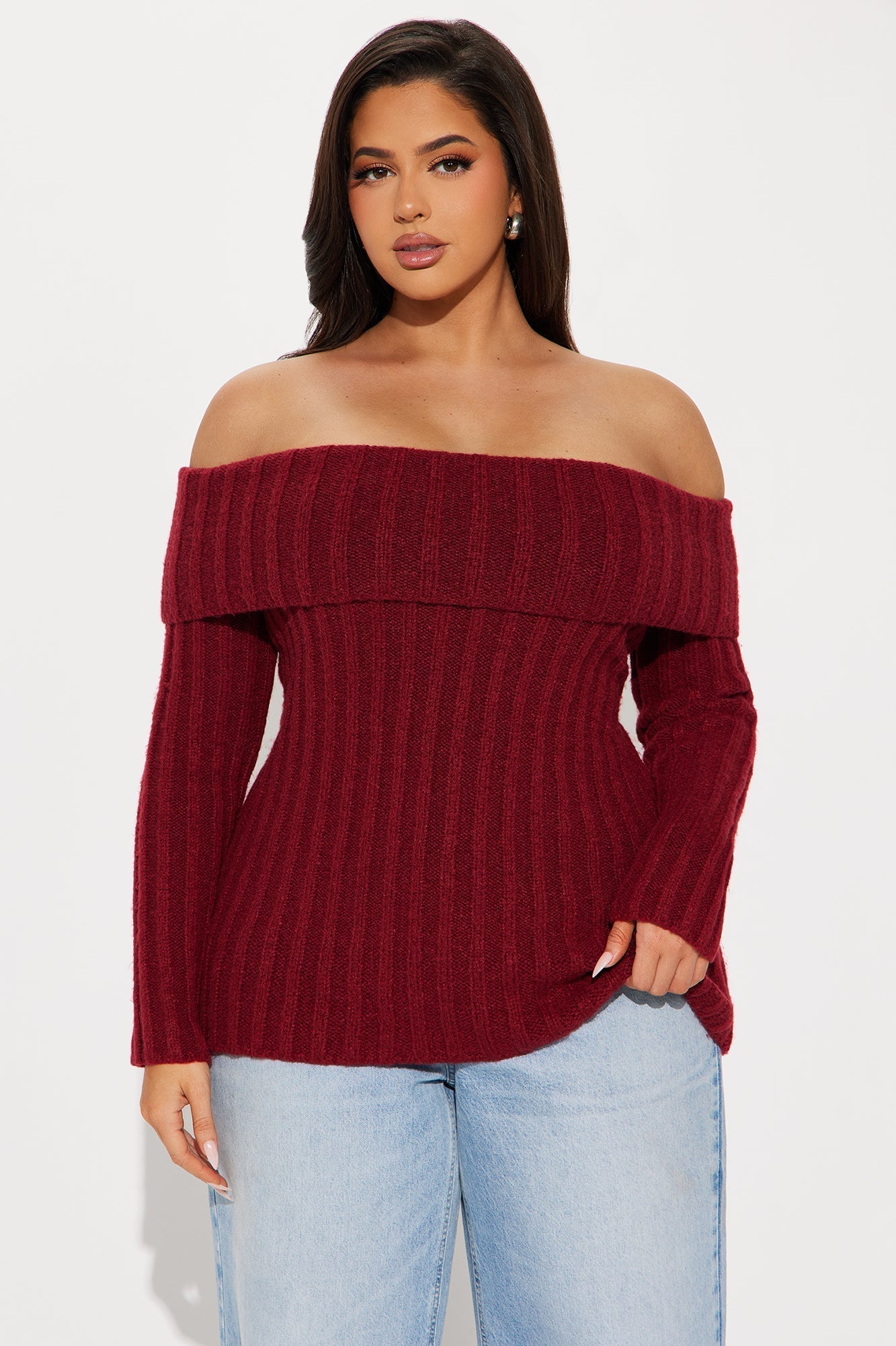 Mid City Off Shoulder Sweater - Burgundy