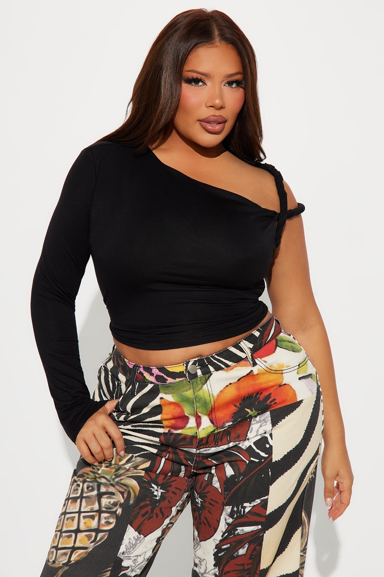 Kendra One Shoulder Long Sleeve Top - Black