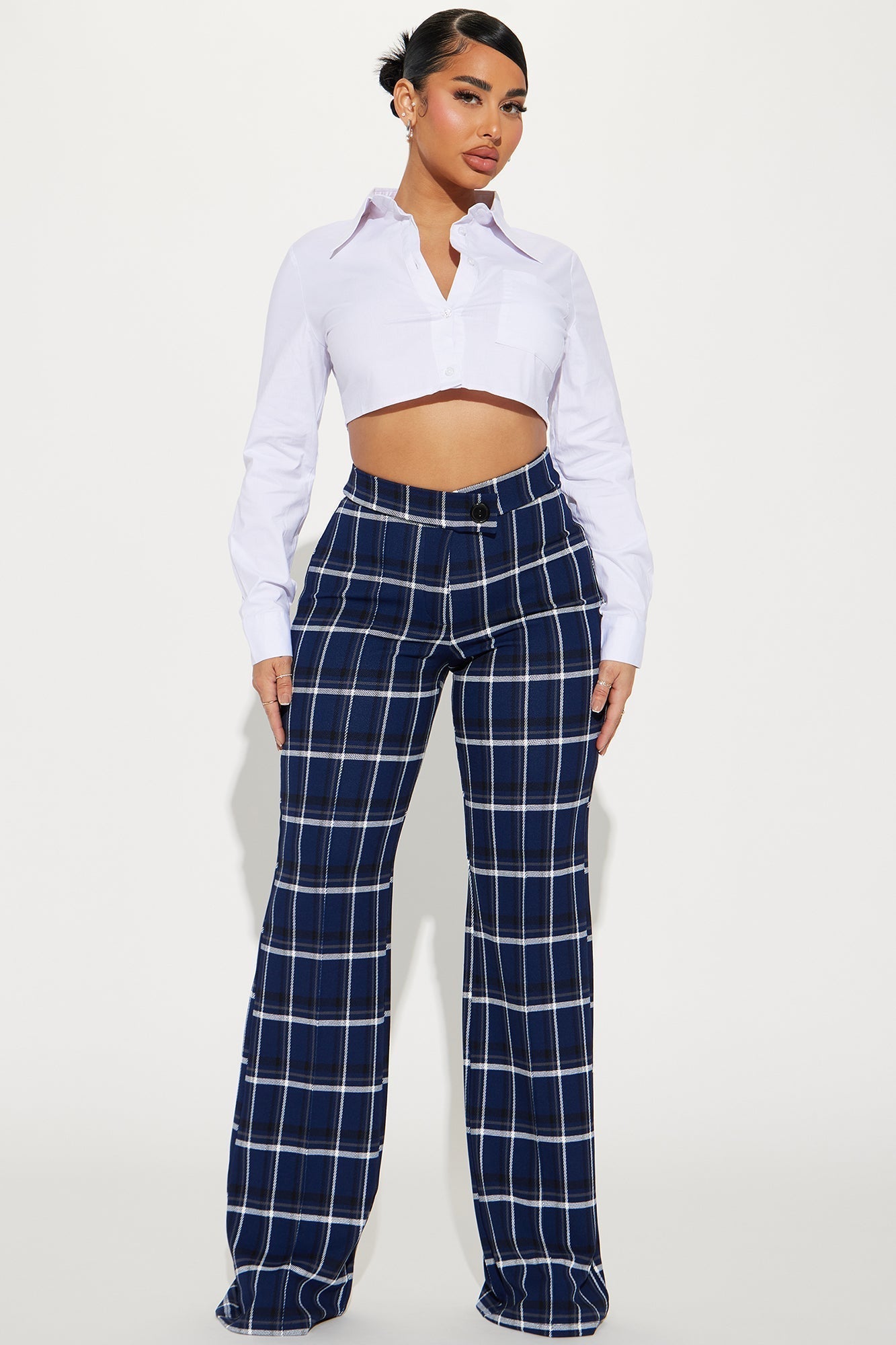 Call It Even Wide Leg Plaid Dress Pant - Navy/combo