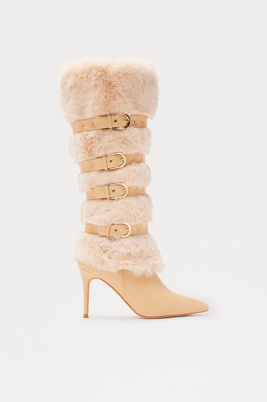 Albany Faux Fur Buckle Boots - Nude