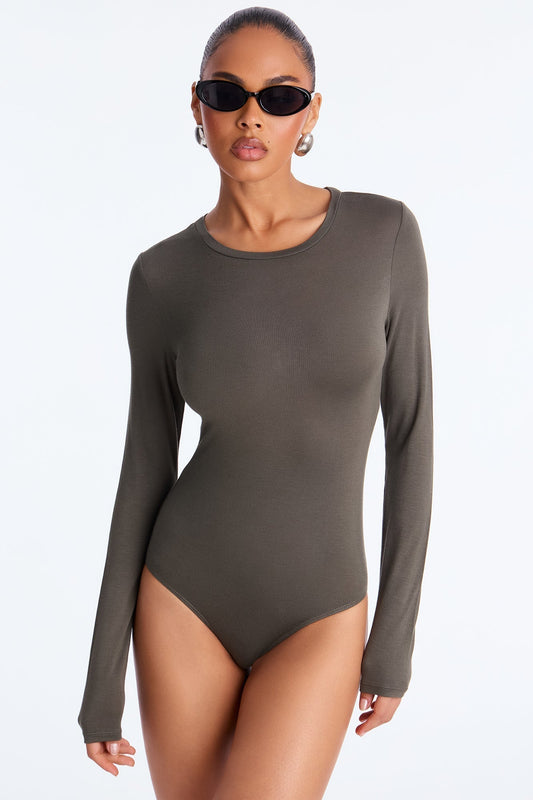 Krystal Crew Neck Long Sleeve Bodysuit - Olive