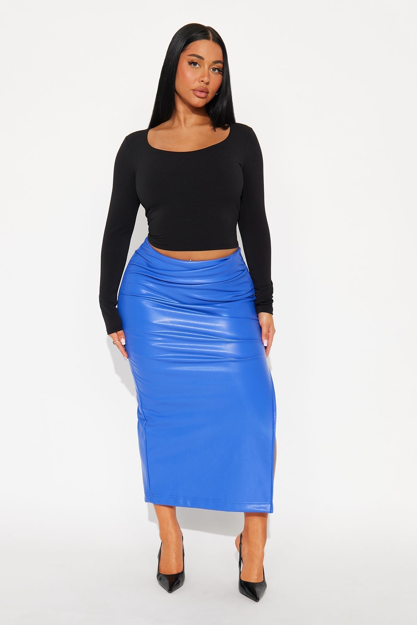 By The Corner Faux Leather Midi Skirt - CobaltBlue