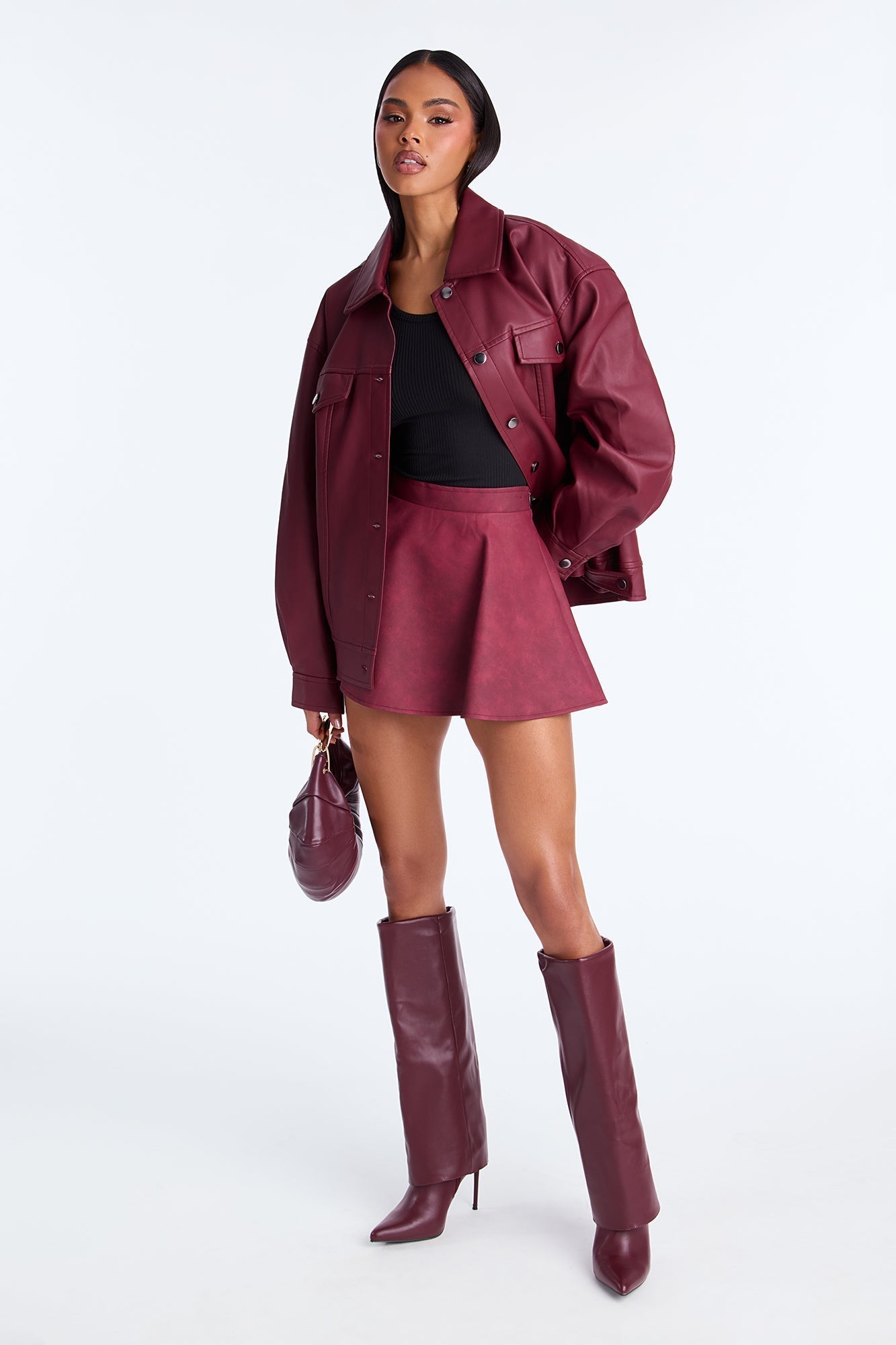 Alexus Faux Leather Mini Skater Skort - Burgundy
