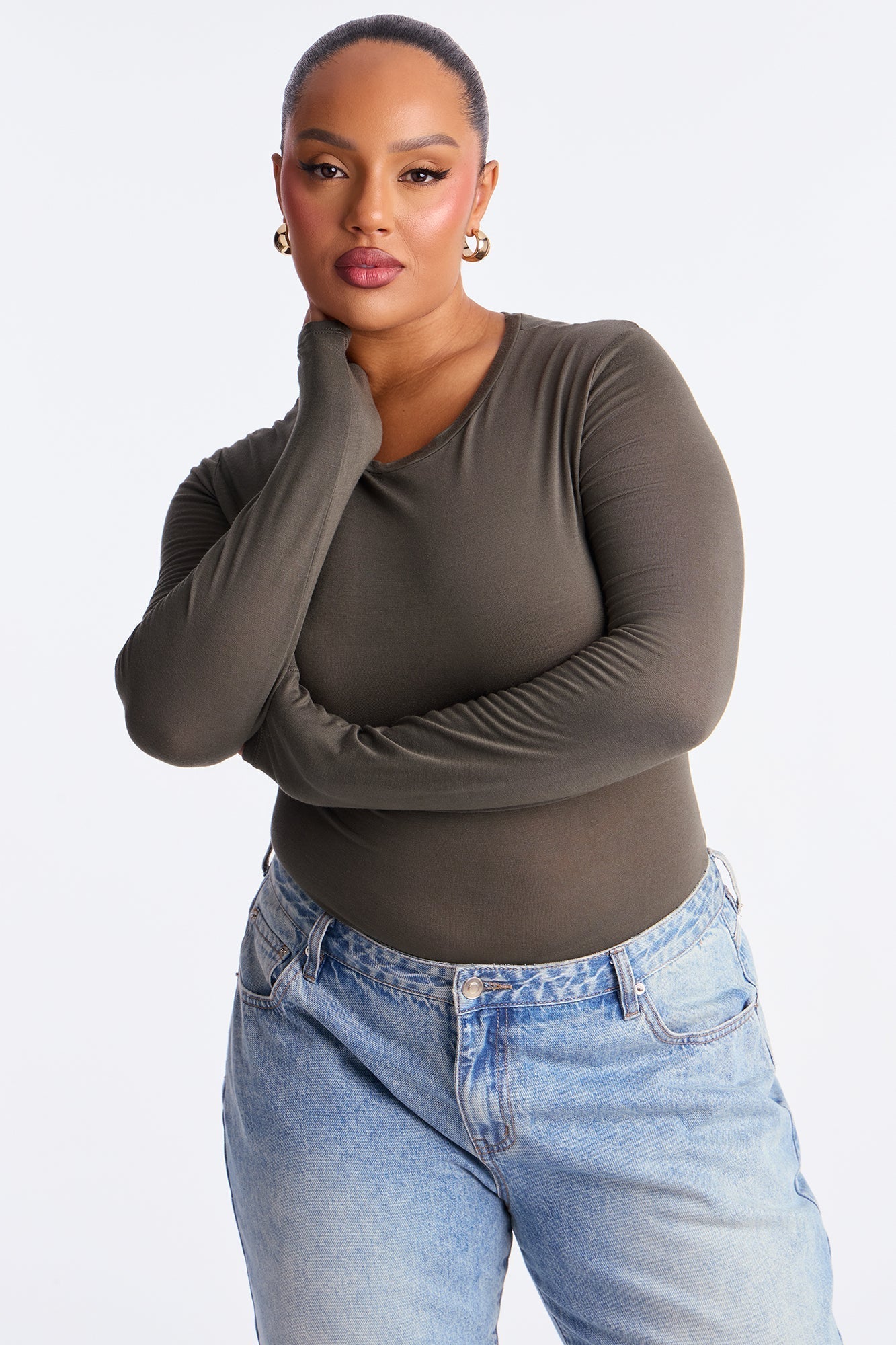 Krystal Crew Neck Long Sleeve Bodysuit - Olive