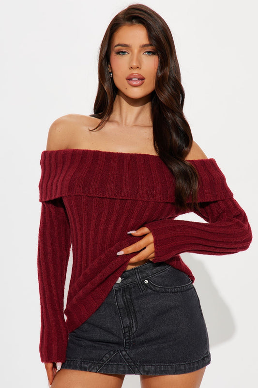 Mid City Off Shoulder Sweater - Burgundy