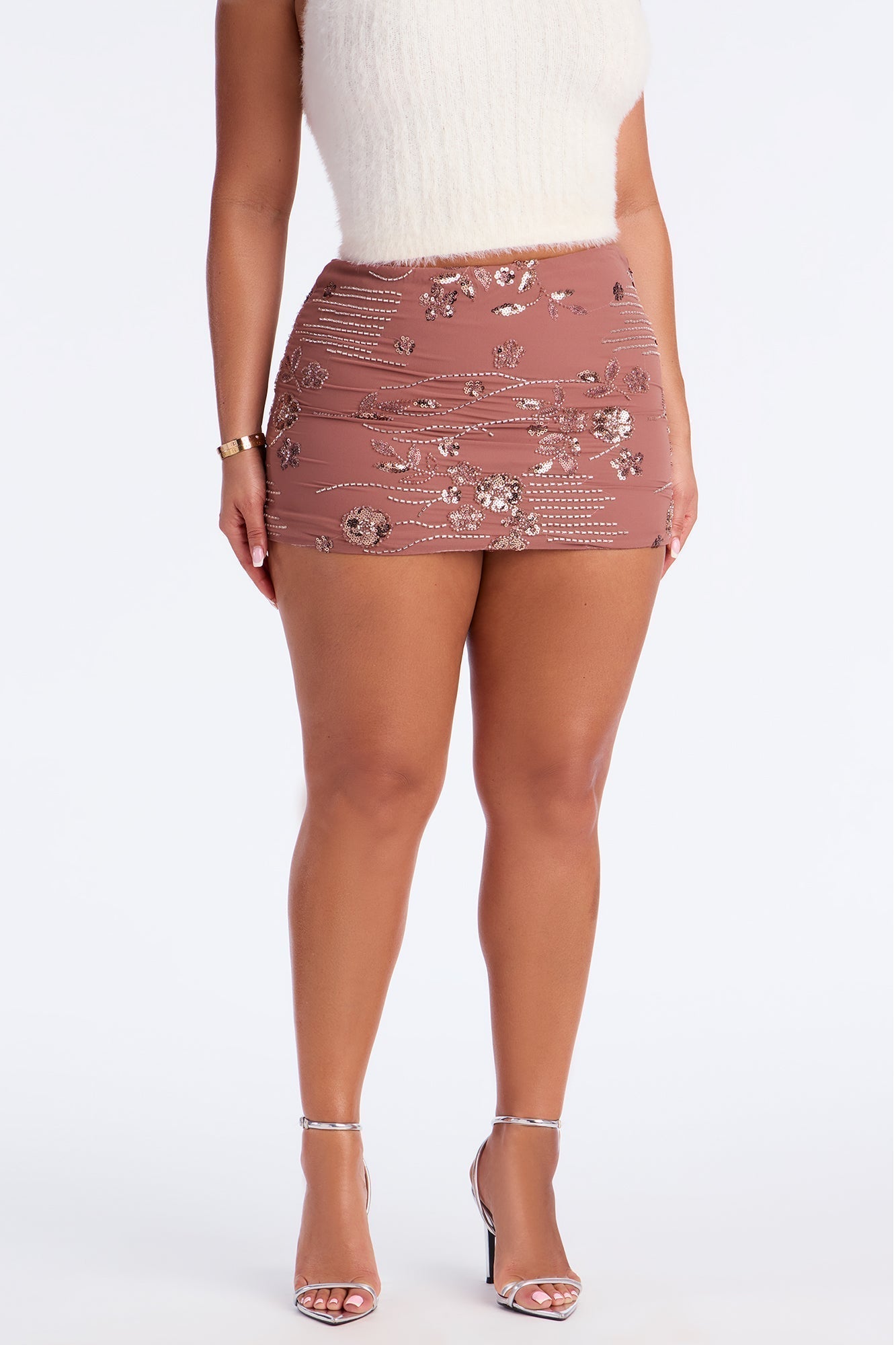 Life Of The Party Floral Beaded Mini Skirt - Mocha