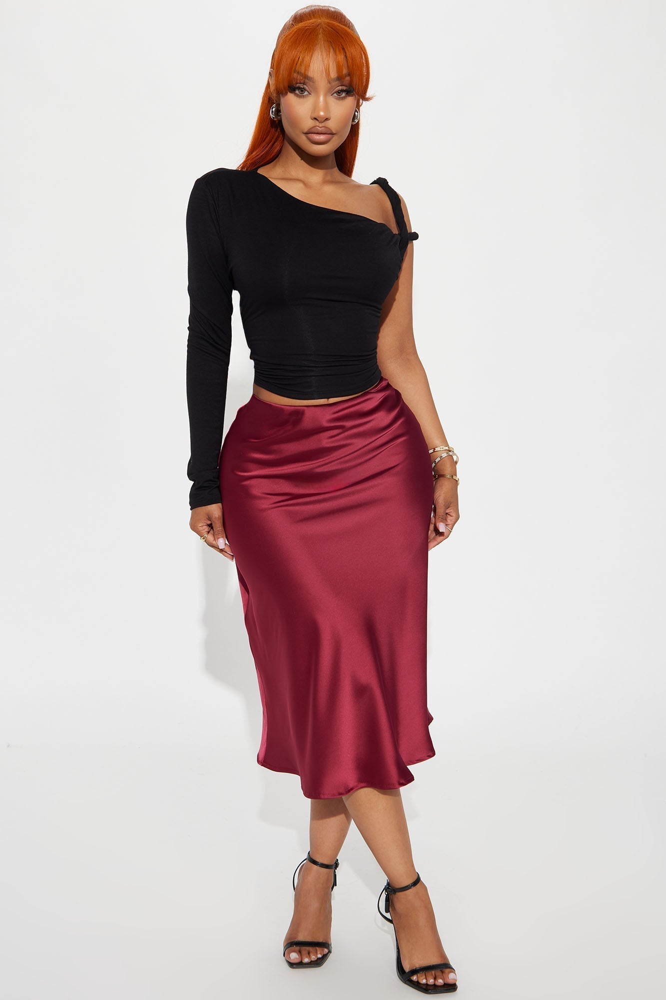 Girls Need Love Satin Midi Skirt - Wine
