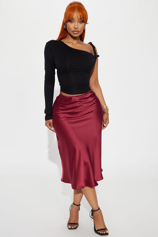 Girls Need Love Satin Midi Skirt - Wine