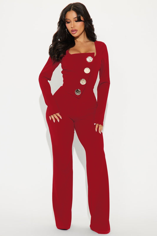 Like You Mean It Long Sleeve Jumpsuit - Red