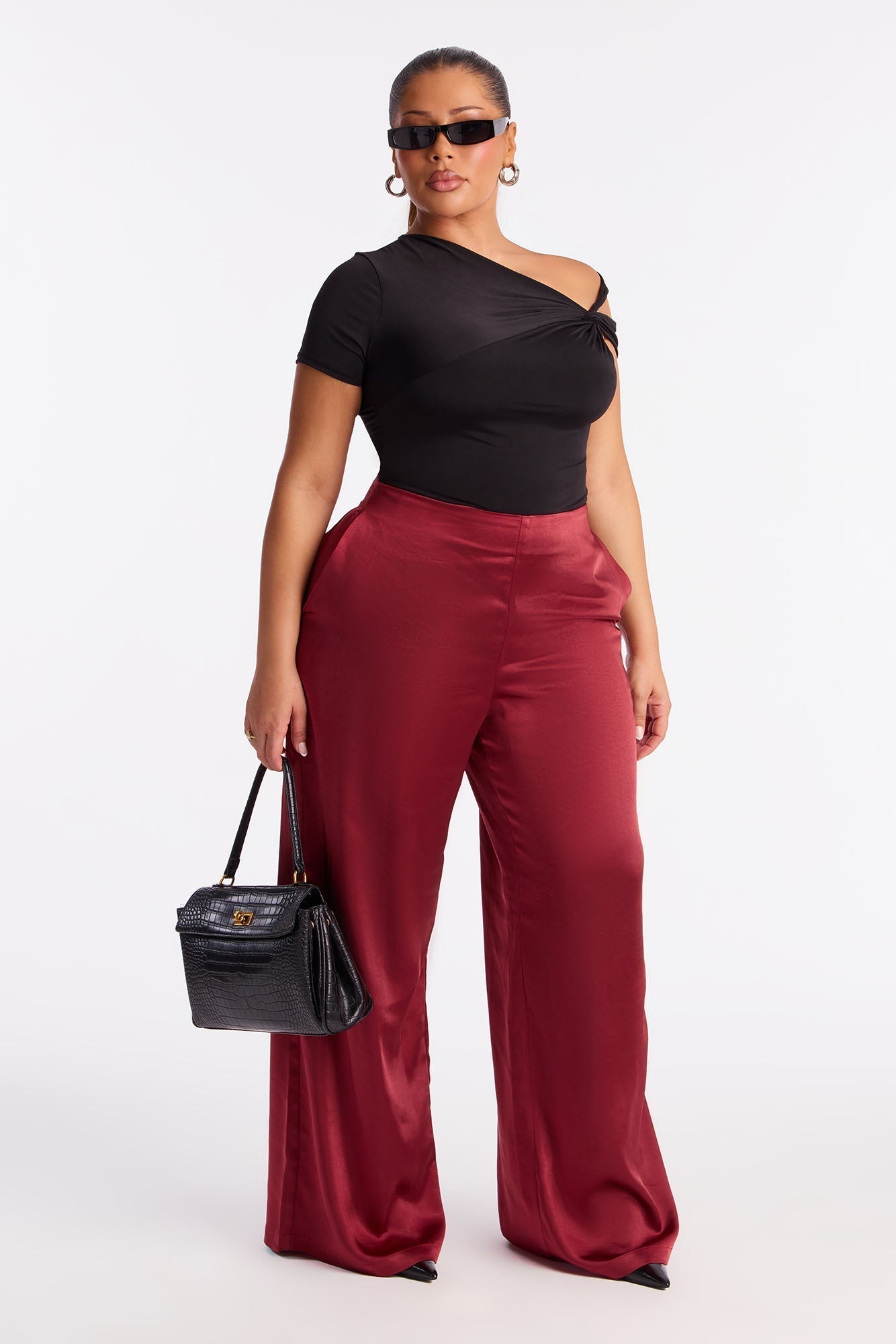 Delicate Desire Satin Wide Leg Pant 33 - Burgundy