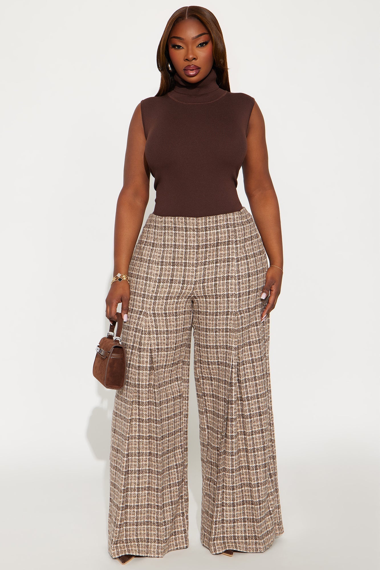 Nayeli High RiseWide Leg Plaid Pant 33 - Brown/combo