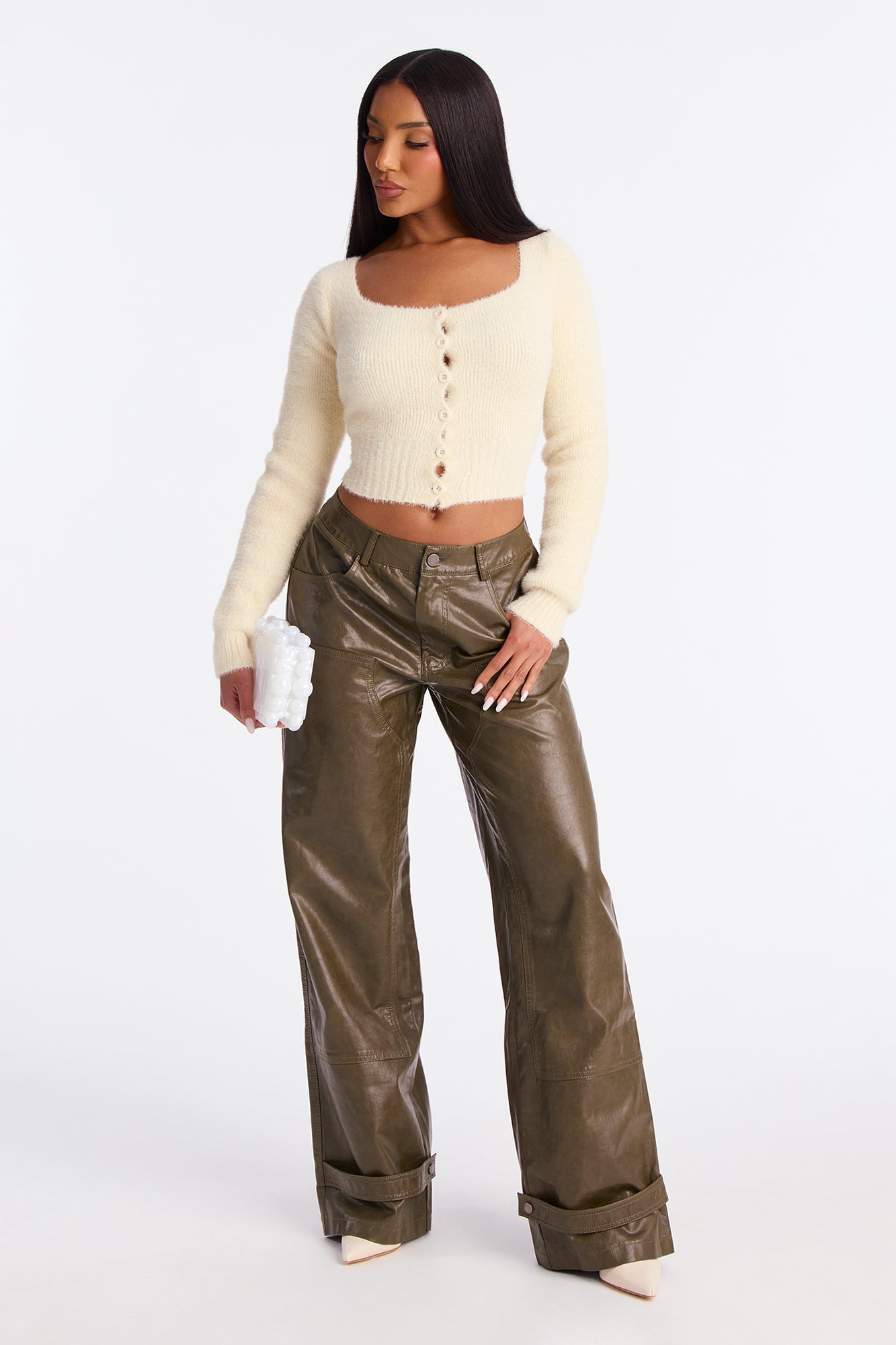 Sammie Faux Leather Wide Pant 32″ - Dark Olive