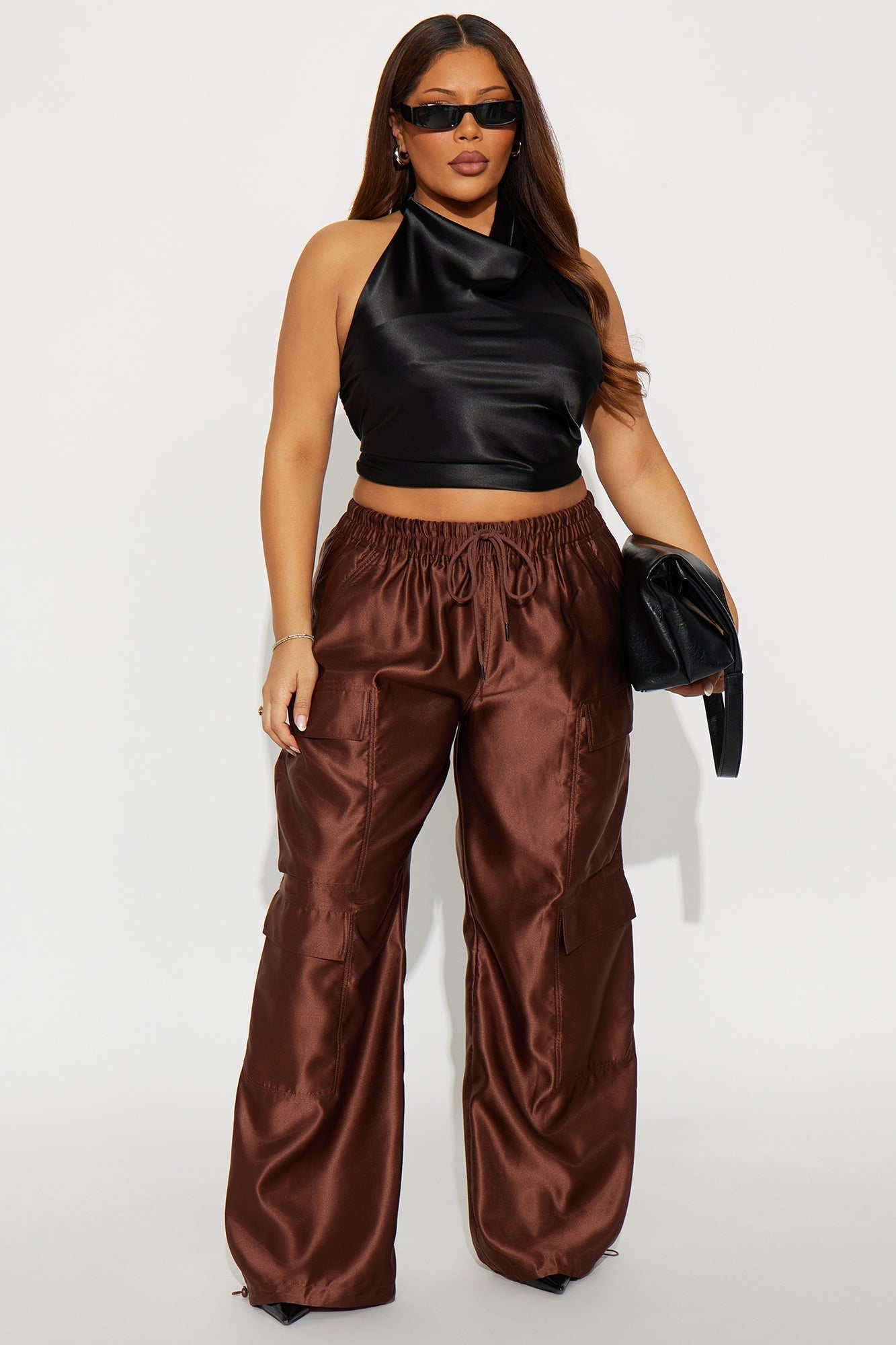 Gemma Cargo Satin Jogger Pant - Chocolate