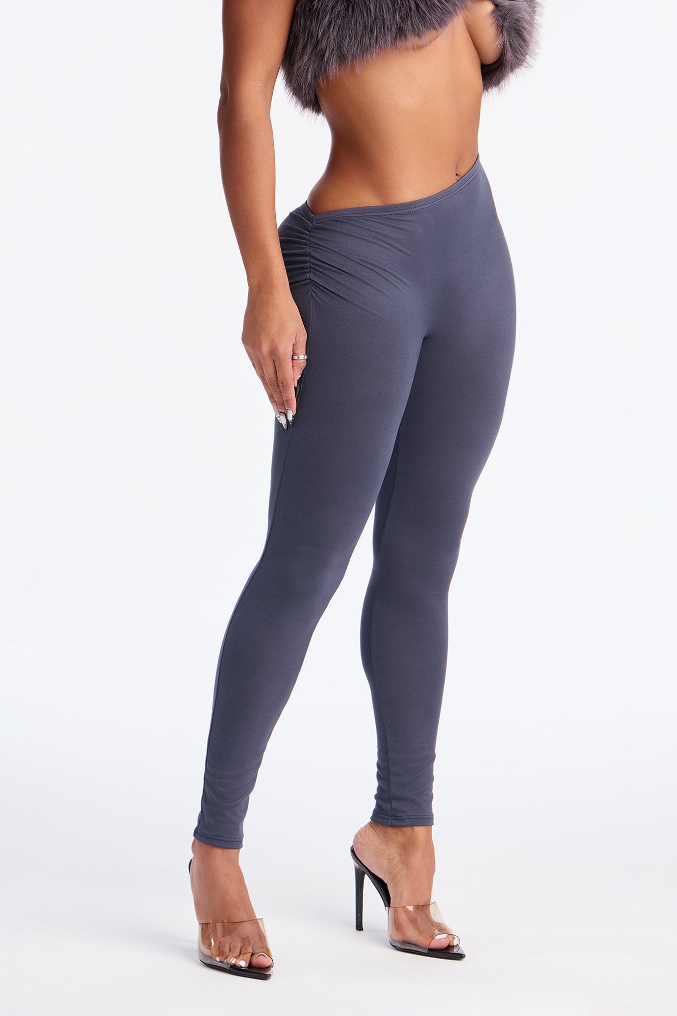 Don't Peek Ruched Asymmetrical Low Rise Legging - Charcoal