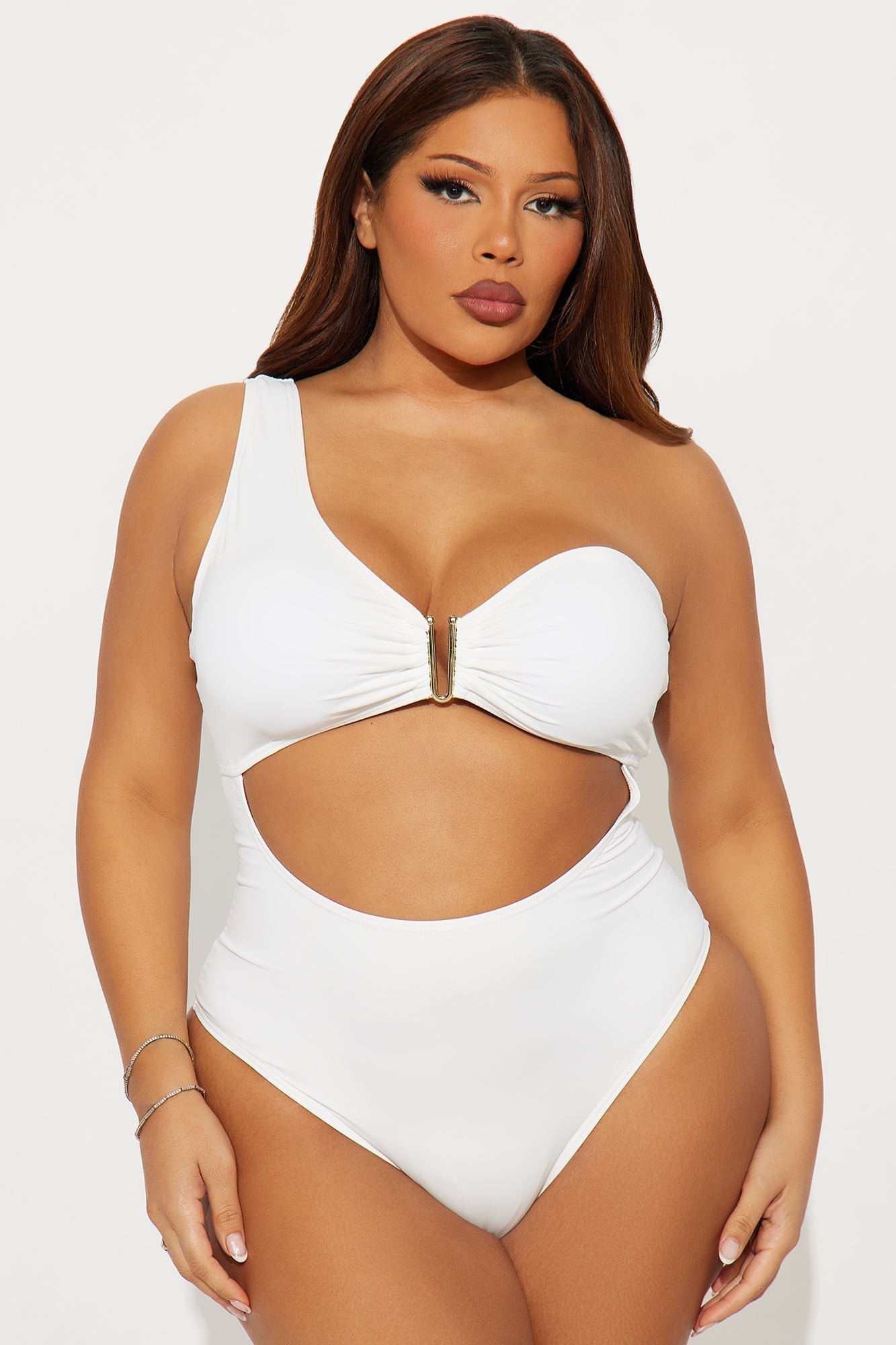 Miami Mami One Shoulder V Hardware Cutout 1 Piece Swimsuit - White