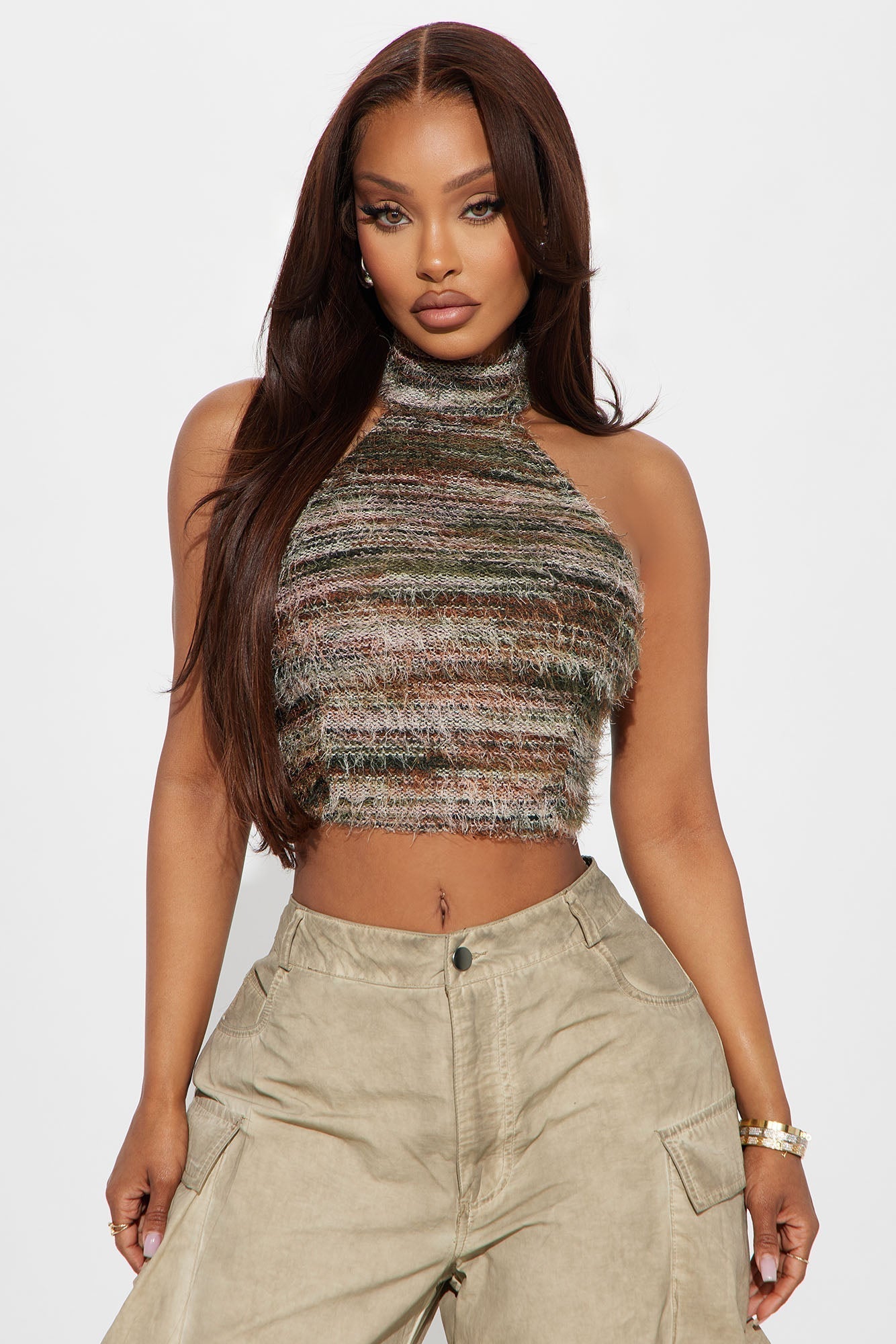 Odetta Fuzzy Halter Top - Green/combo