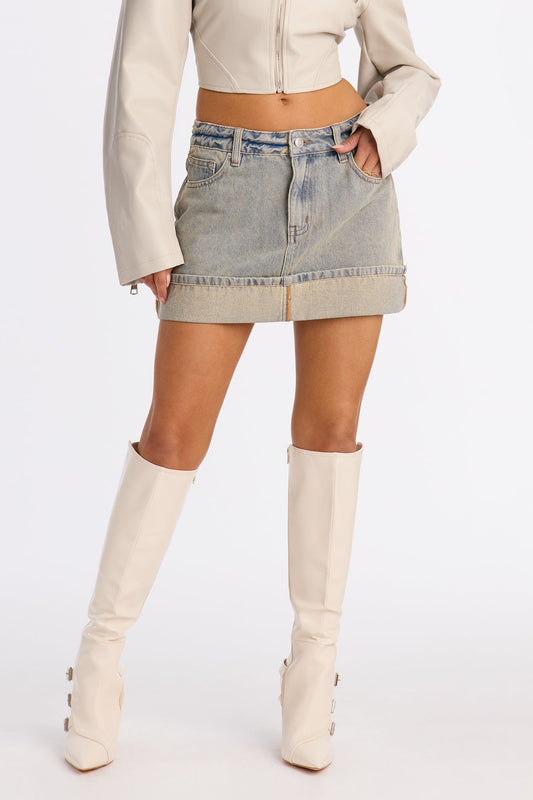 Just Vibing Out Cuffed Hem Denim Mini Skirt - Vintage Wash