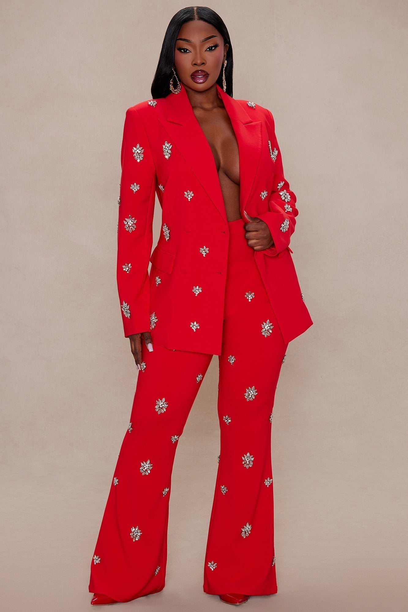 Verona Embellished Flare Pant - Red