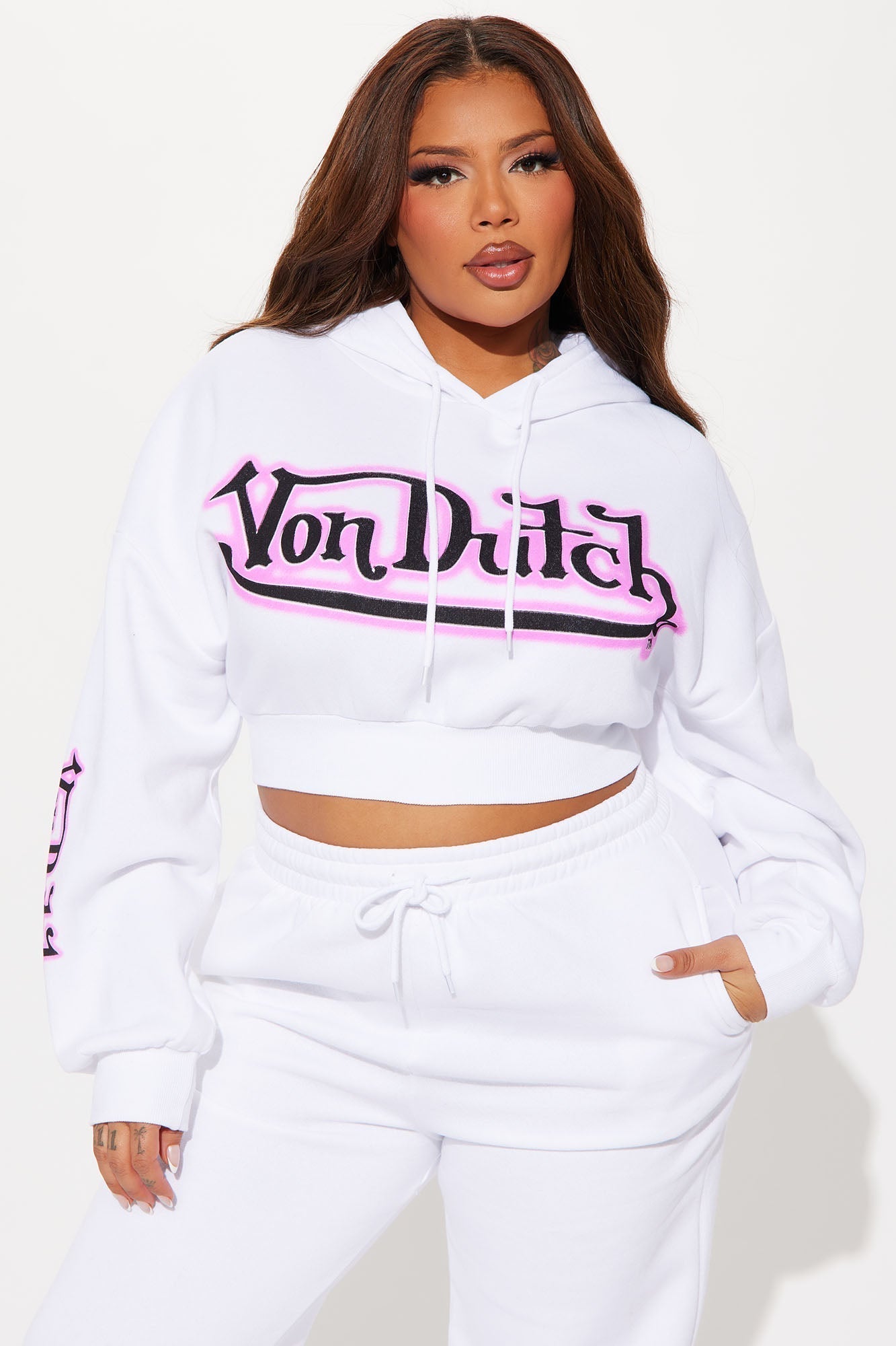Von Dutch Graffiti Cropped Hoodie - White/Pink