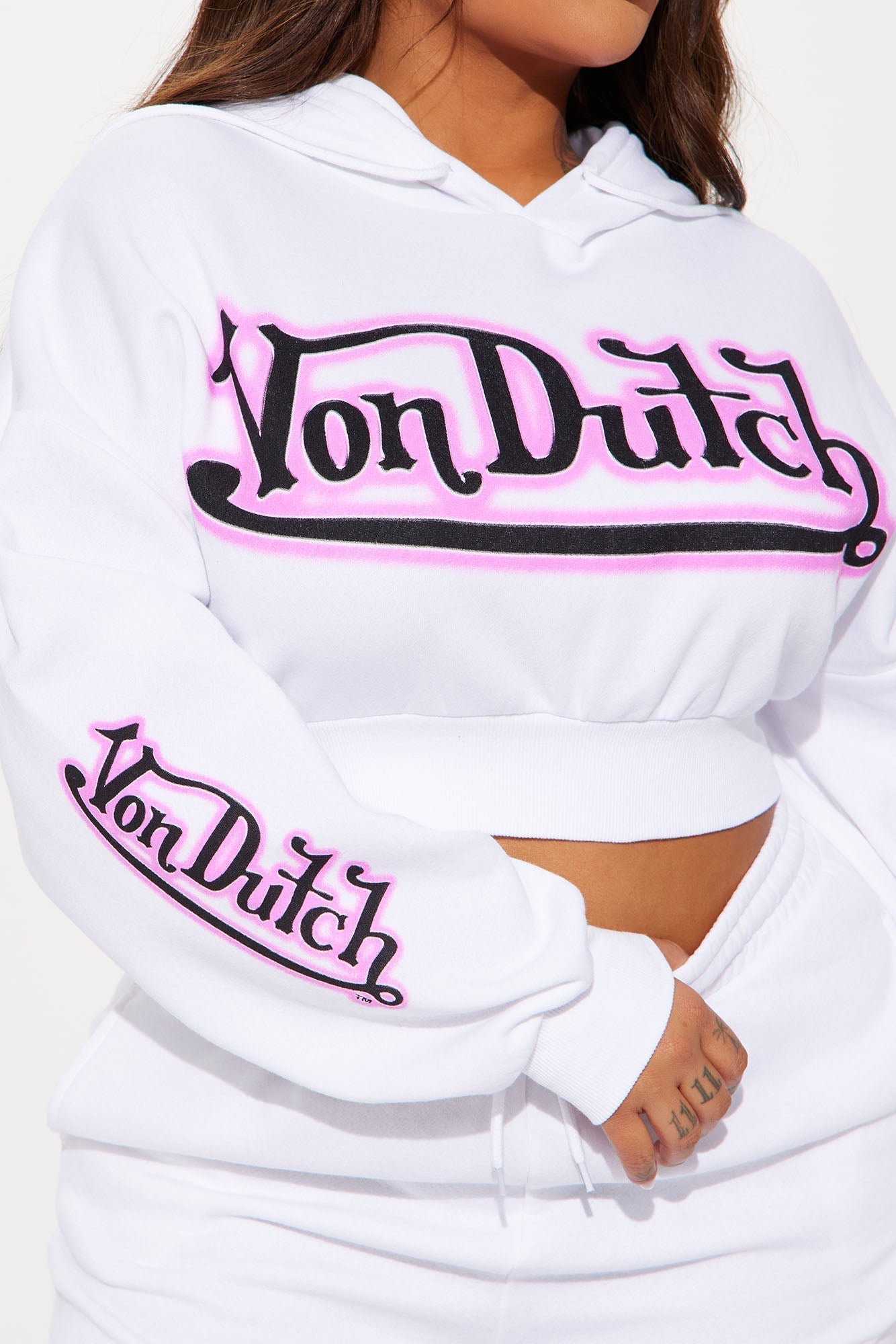 Von Dutch Graffiti Cropped Hoodie - White/Pink