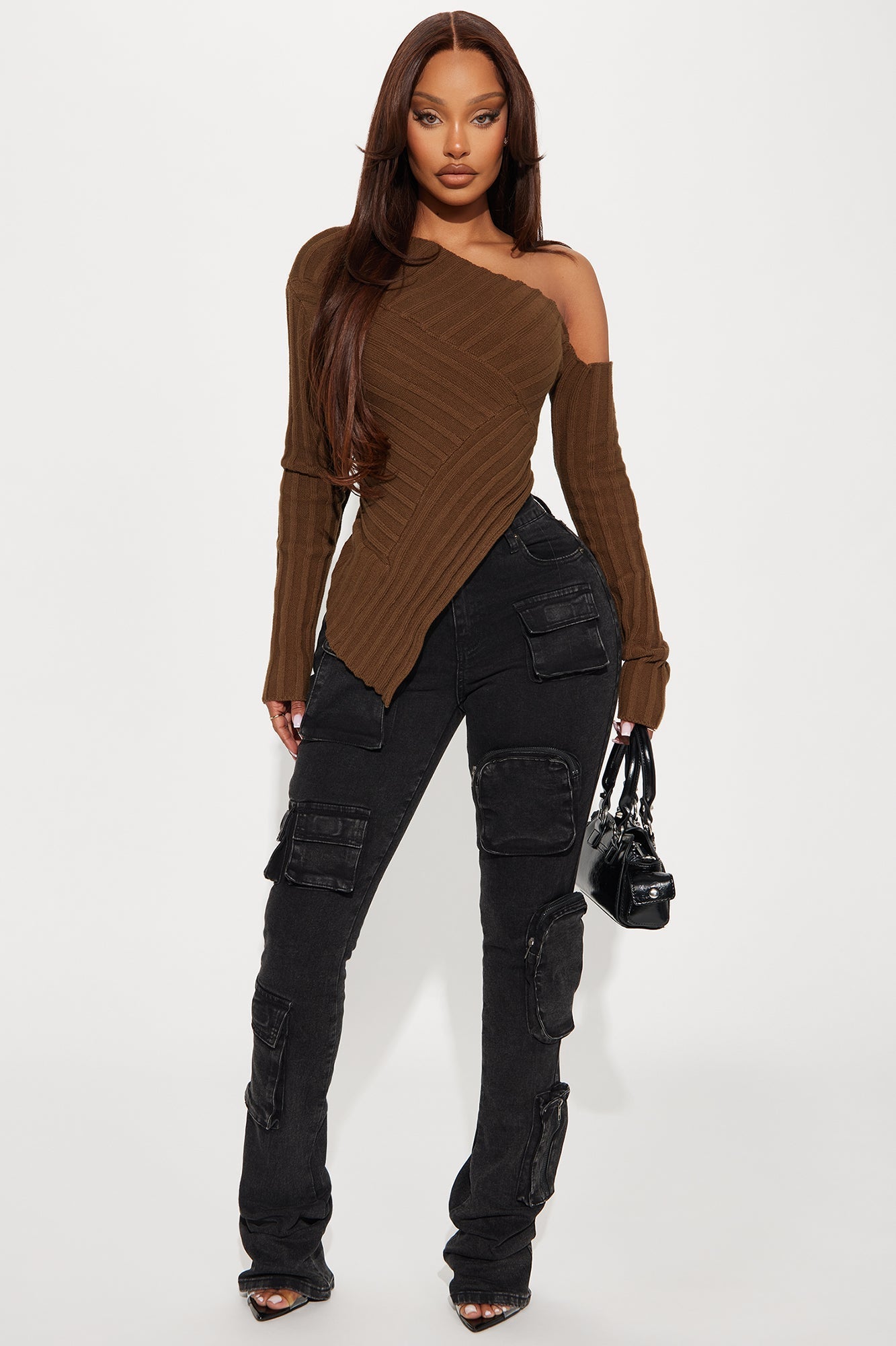 Amaya One Shoulder Long Sleeve Sweater Top - Chocolate