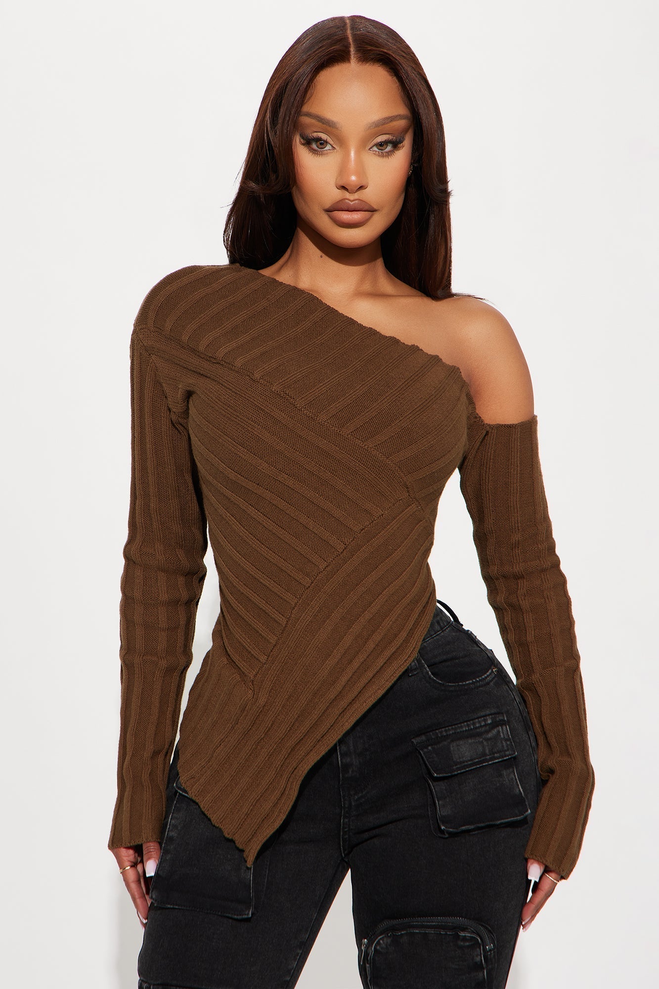 Amaya One Shoulder Long Sleeve Sweater Top - Chocolate