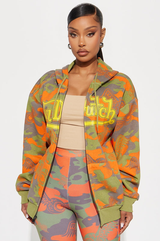 Von Dutch Camo Zip Front Hoodie - Orange/combo