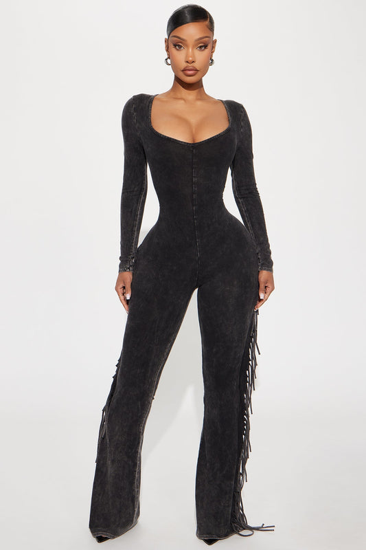 Carry Me Higher Long Sleeve Fringe Jumpsuit - Black