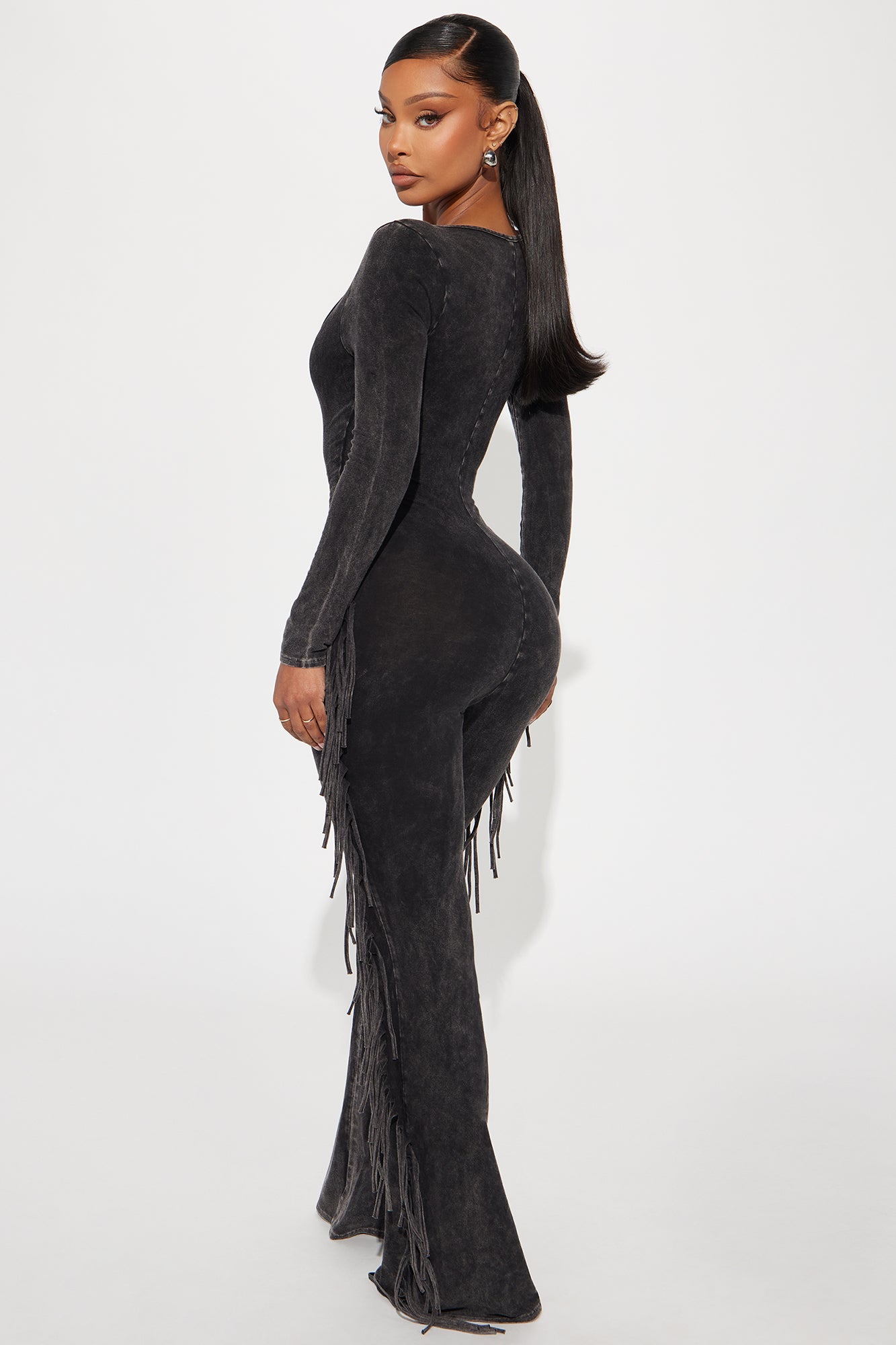Carry Me Higher Long Sleeve Fringe Jumpsuit - Black