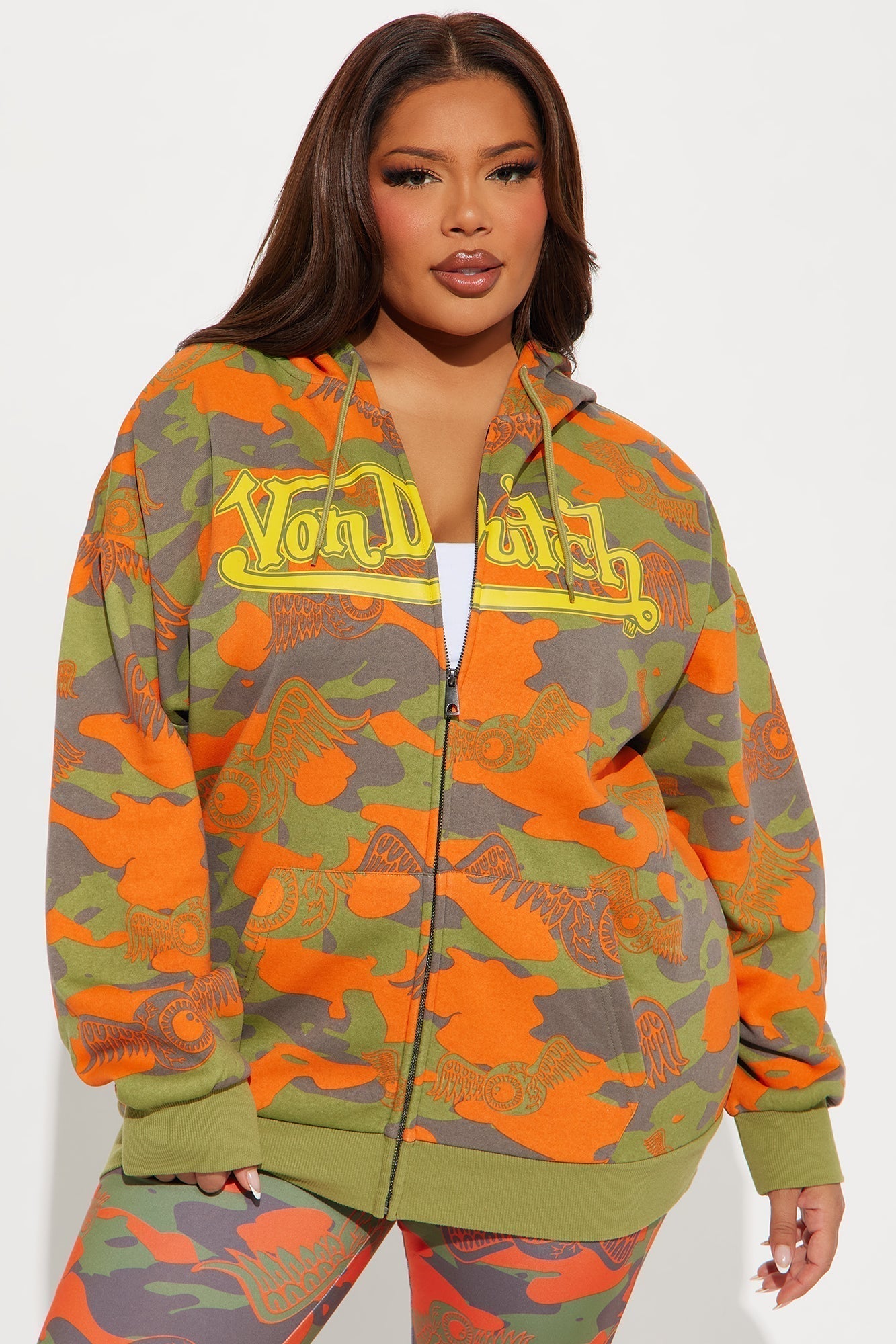 Von Dutch Camo Zip Front Hoodie - Orange/combo