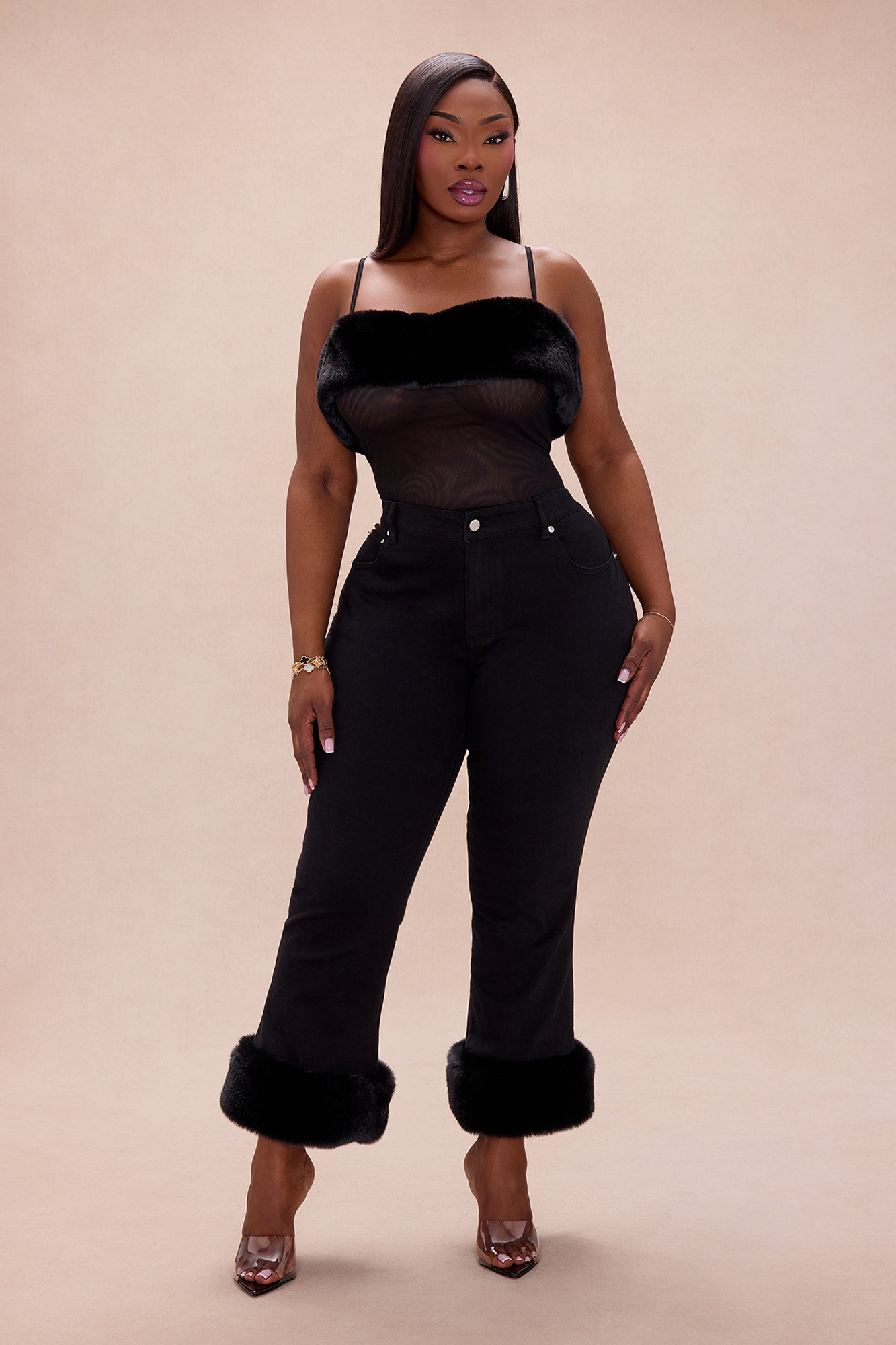 Quinn Fur Trim Denim Jeans - Black