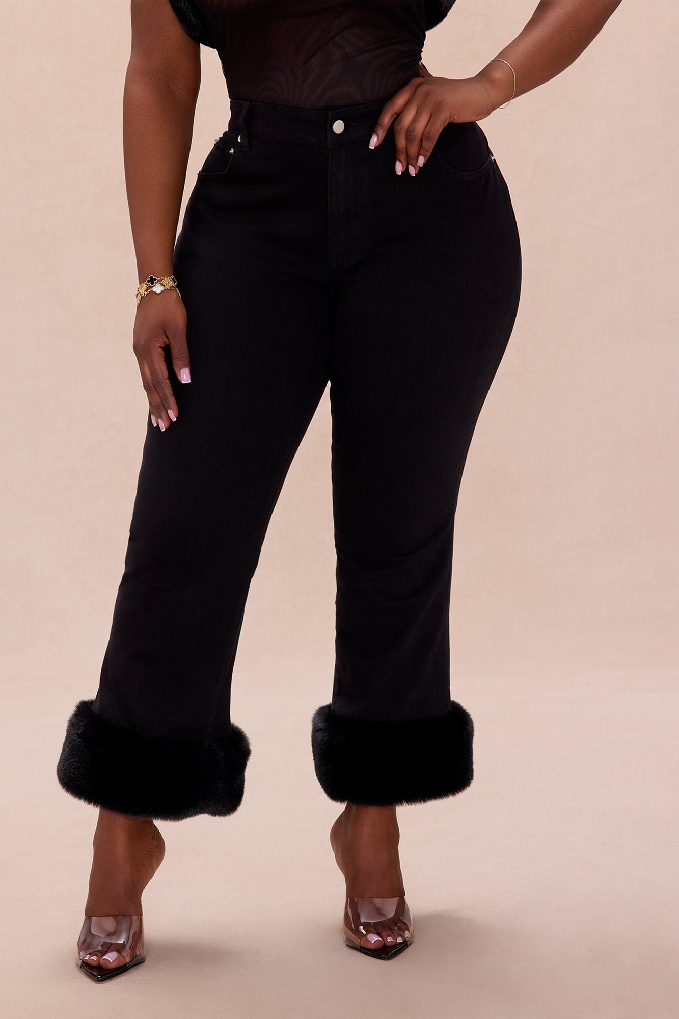 Quinn Fur Trim Denim Jeans - Black