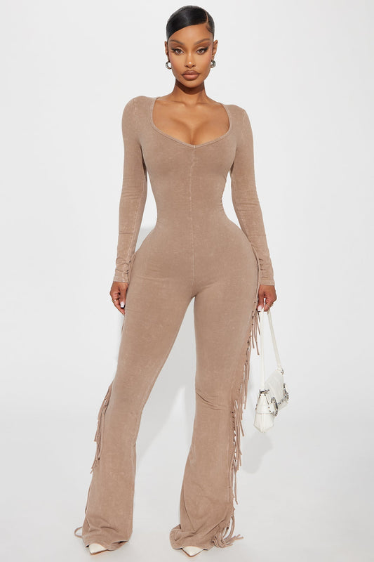 Carry Me Higher Long Sleeve Fringe Jumpsuit - Mocha