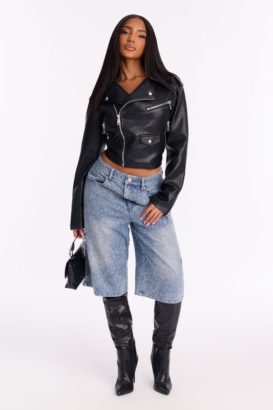 Diamonds Are Forever Embellished Denim Jorts - Medium Wash