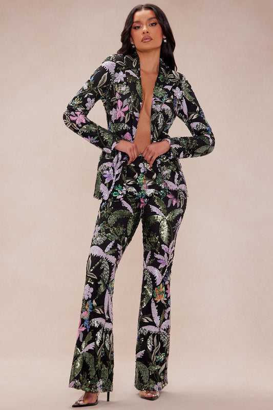 Eliza Sequin Embroidered Flare Pant - Black/combo