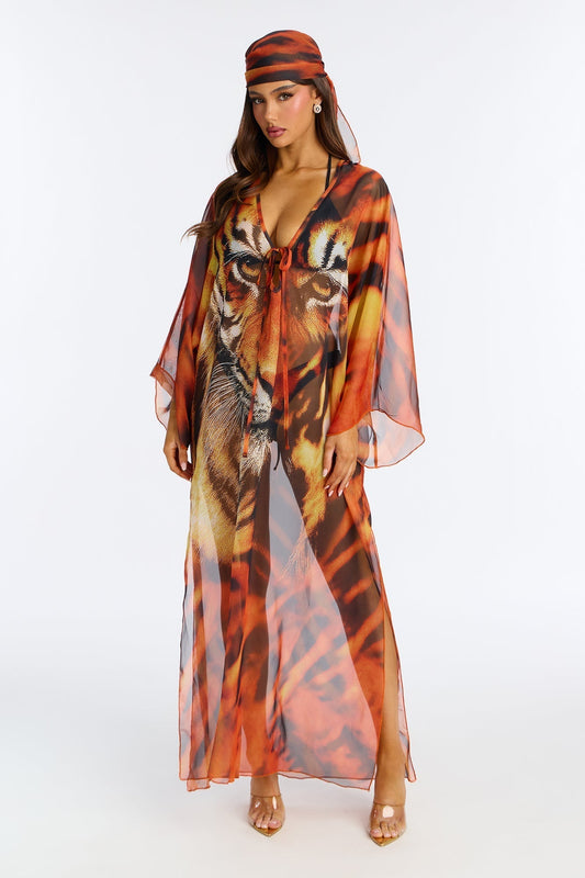 Amelie Maxi Cover Up Kaftan & Matching Headscarf - Orange/combo