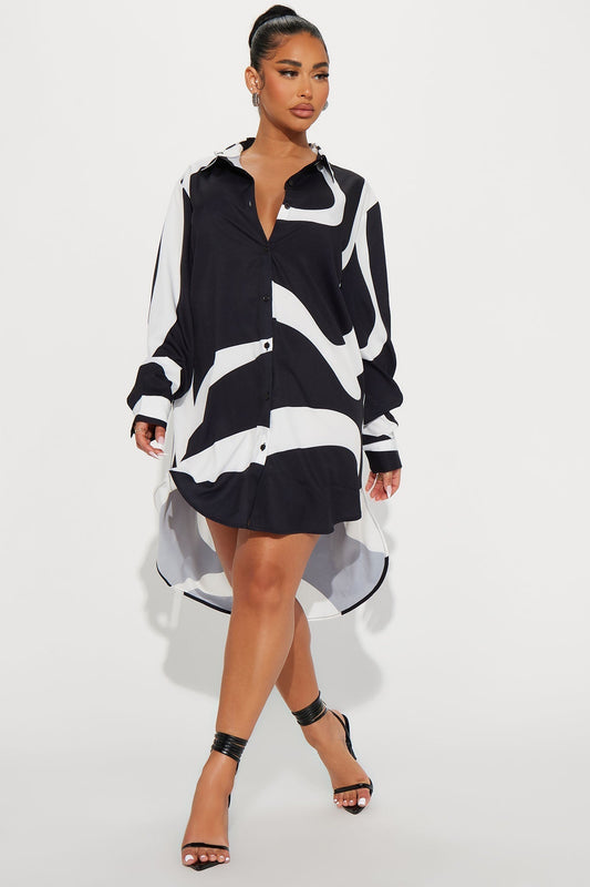 Jayde Button Up Mini Dress - Black/White