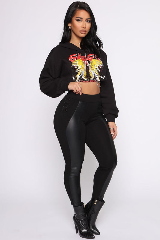 Hint Of Faux Leather Contrast Leggings - Black