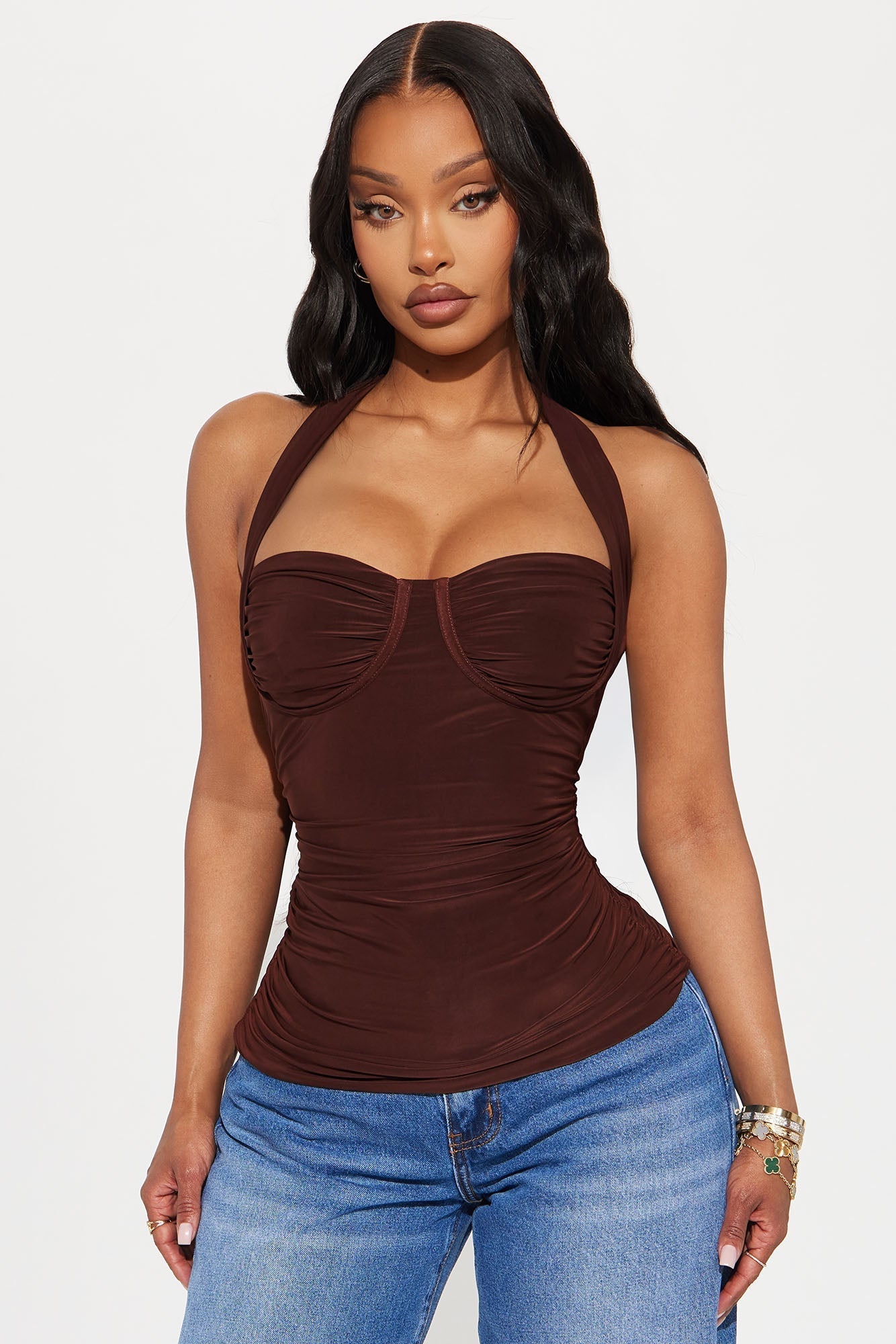 Just A Feeling Ruched Halter Top - Chocolate