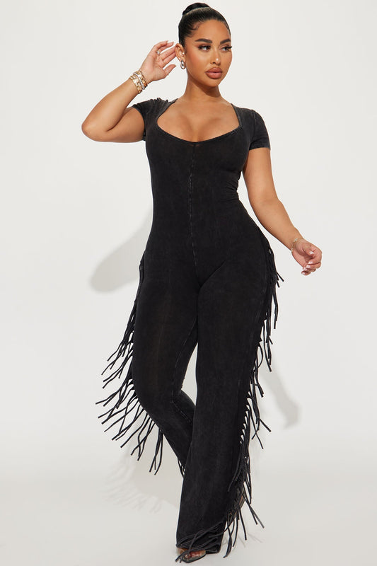 Carry Me Higher Fringe Jumpsuit - Black