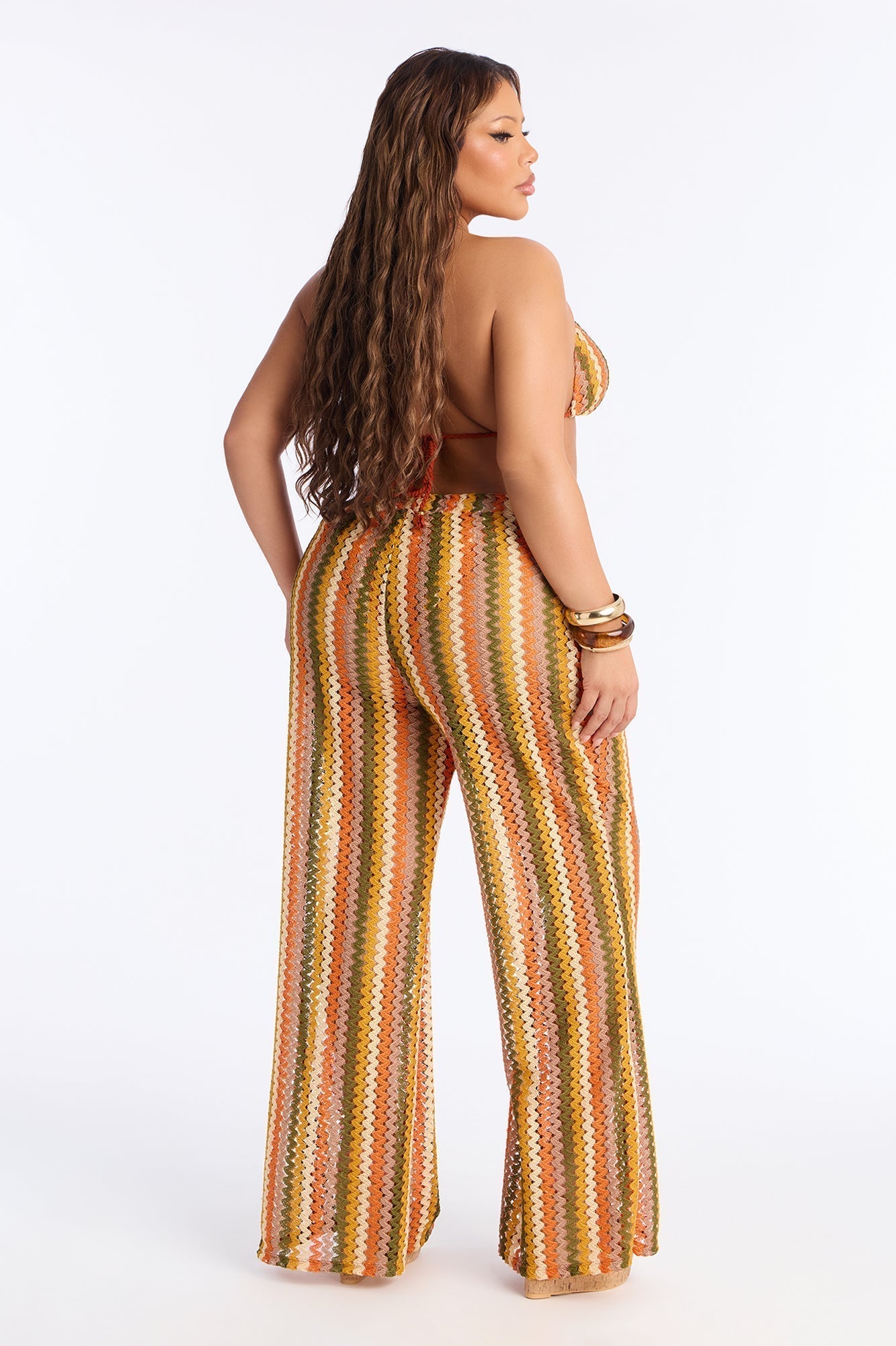 Cassandra Crochet 3 Piece Bikini & Pants Set - Orange/combo
