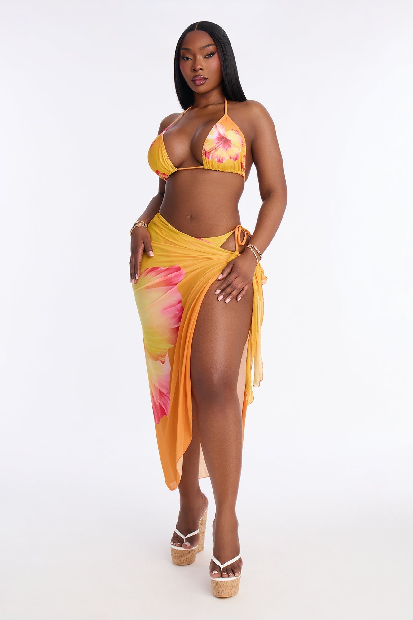 Kiana Flower Triangle Bikini & Sarong Set - Orange/combo