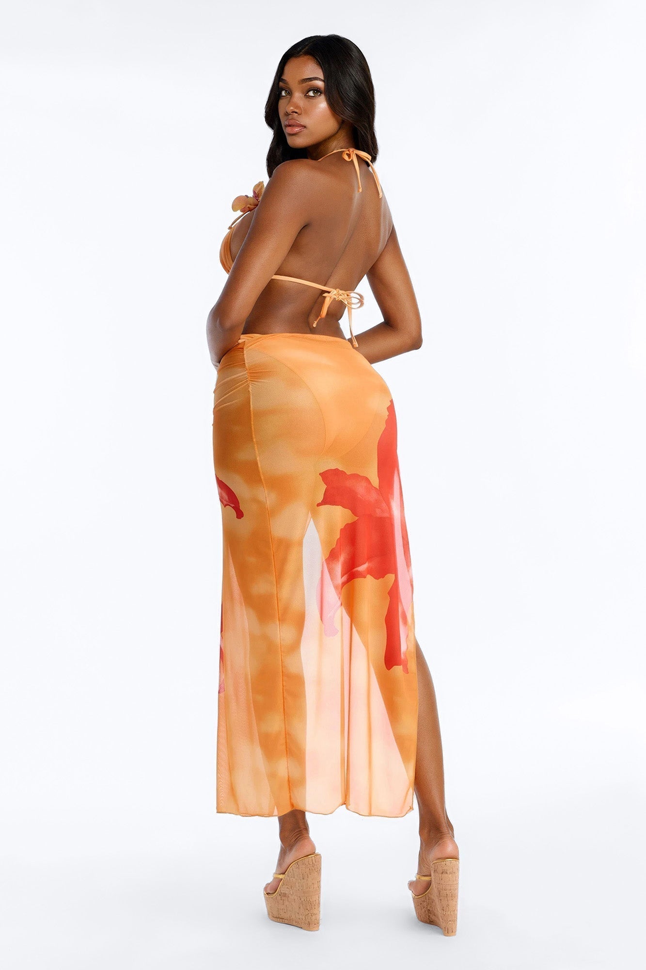 Paradise Orchid Flowers 3 Piece Bikini & Ruched Skirt Set - Orange/combo